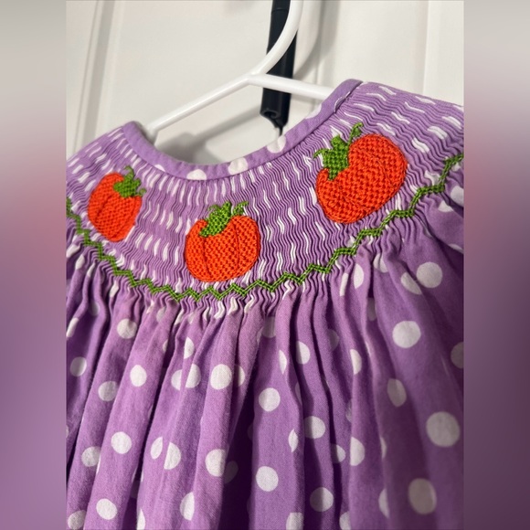 Purple Pumpkin Smocked Or Not Bishop Dress Baby Girls 12 Months Thanksgiving - Picture 4 of 6